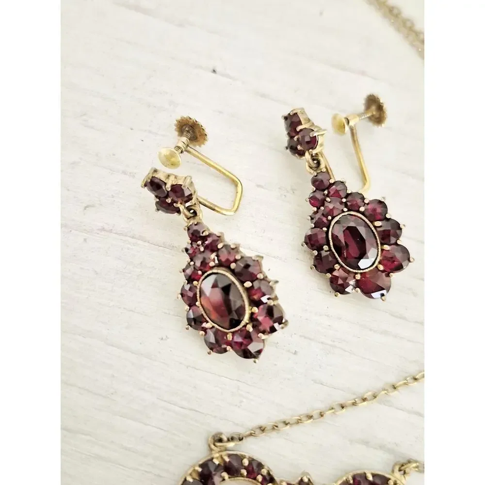 Vintage 900 Sterling Silver Bohemian Garnet Necklace and Earring Lot